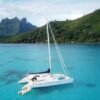View of Moorea’s jagged mountains from the deck of a sailing catamaran