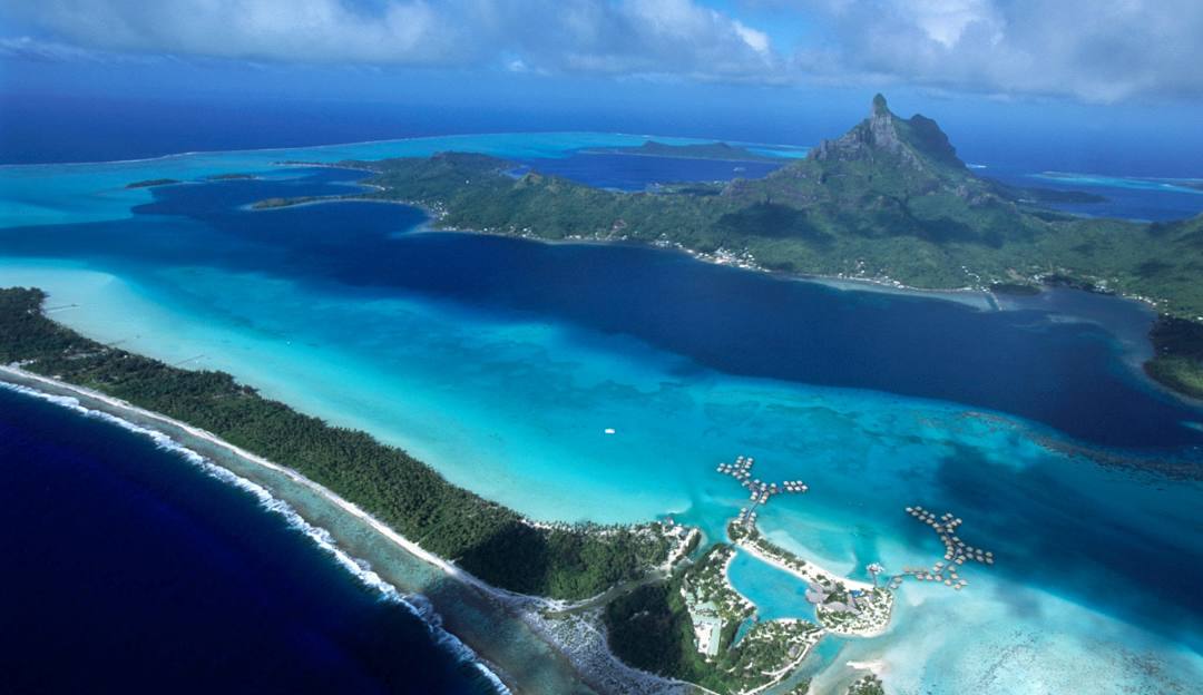 Aerial view of Bora Bora lagoon in French Polynesia