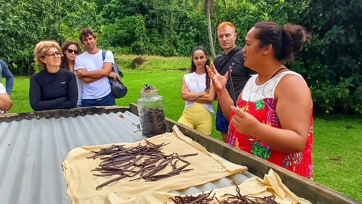 A guide explaining about vanilla farms in french polynesia to guests