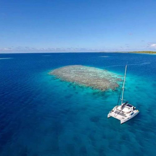 Private catamaran anchored in turquoise french polynesia