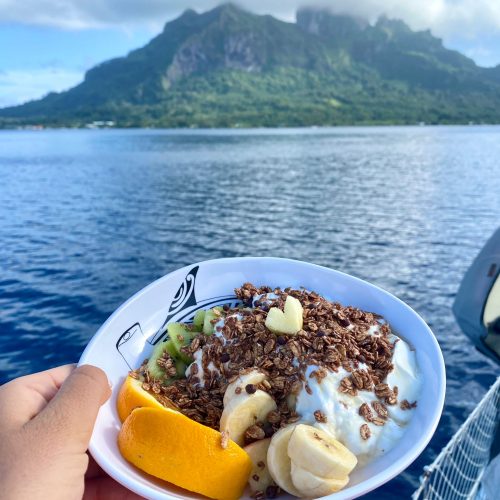 Fresh tropical fruit platter served on the deck