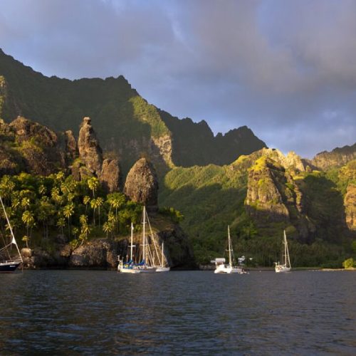 Dramatic mountain peaks of Moorea seen from the water